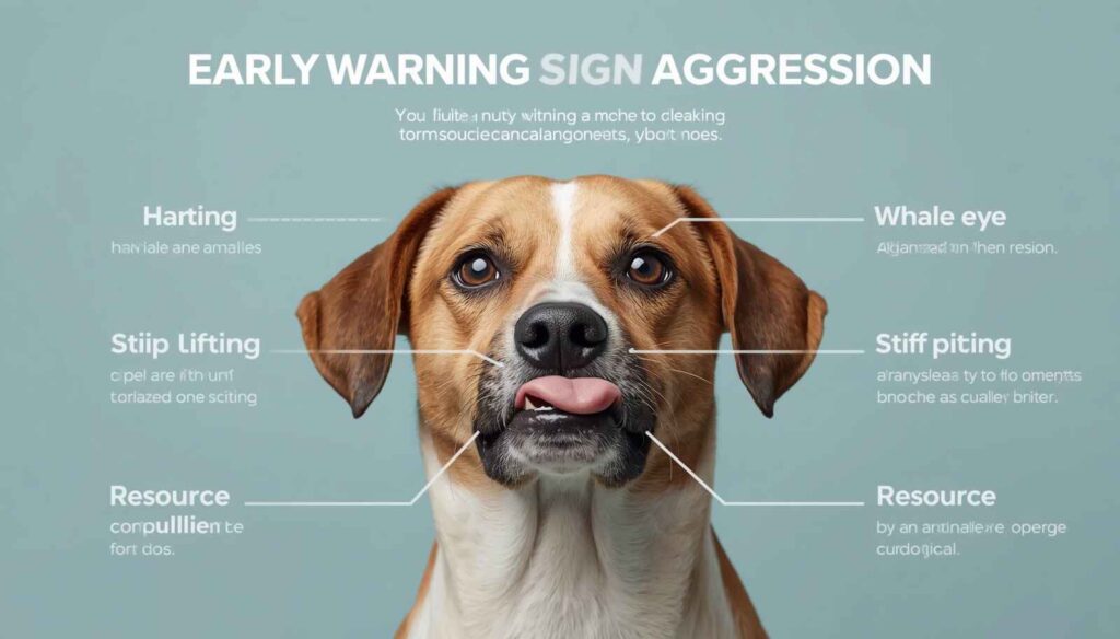 Educational illustration showing hard staring, whale eye, lip lifting, freezing, and stiff body posture in a dog.