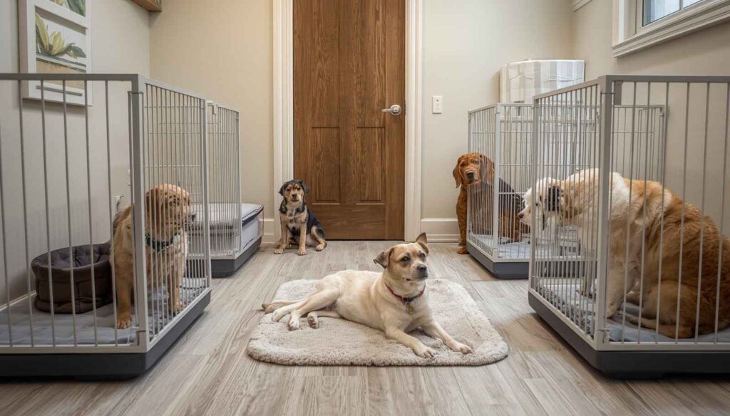 Organized multi-dog household with separate feeding areas, baby gates, and personal resting spaces.