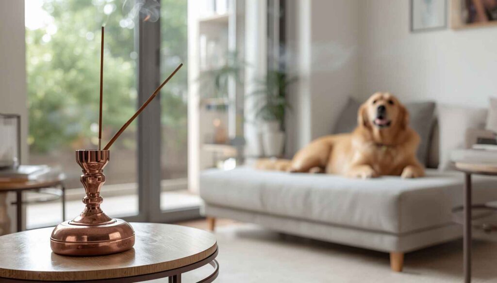 Safe way to burn incense around dogs using good ventilation and keeping the dog away from smoke.