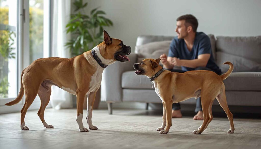 Two household dogs showing tense body language while a concerned owner observes safely inside a home.