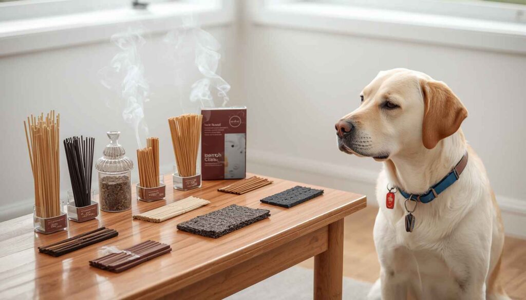Comparison of natural, herbal, resin, and charcoal incense around a dog in a ventilated room.