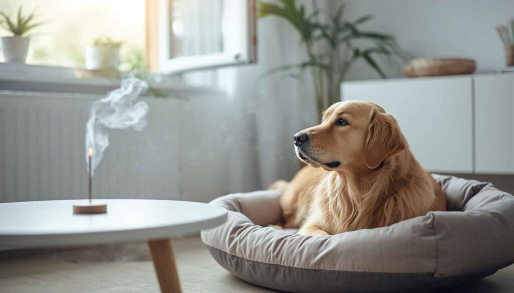 Is incense bad for dogs? Golden Retriever resting indoors while incense burns safely in a well-ventilated room.
