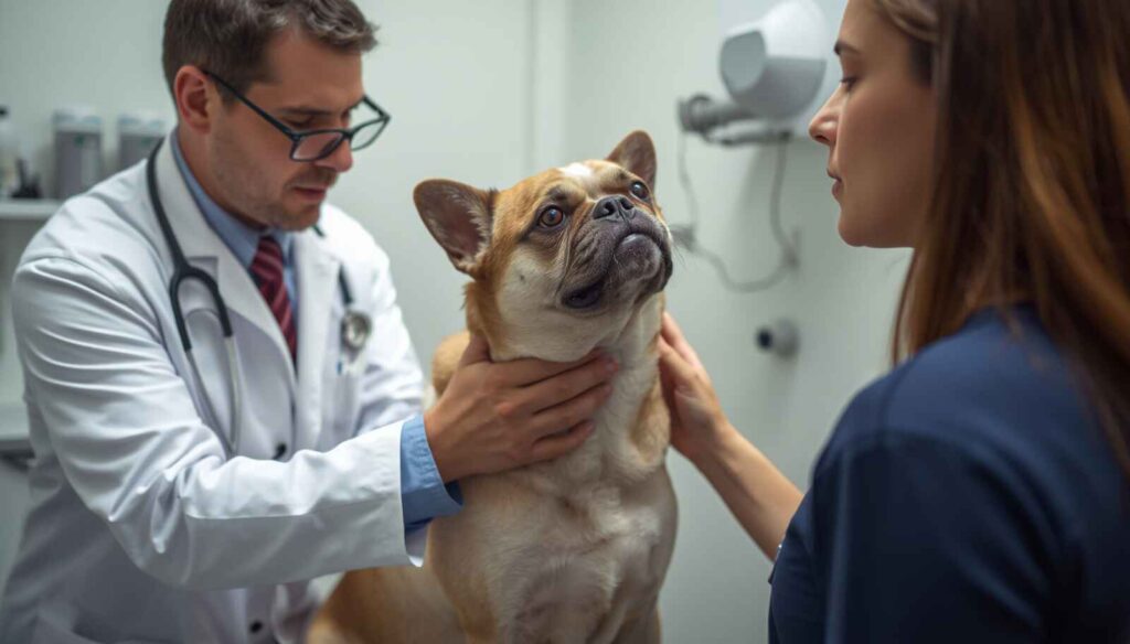 Veterinarian examining an older dog to identify medical conditions that may contribute to aggression.