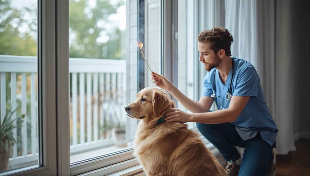 Dog owner moving a dog to fresh air after exposure to incense smoke.