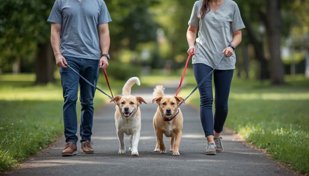 Two dog owners walking their dogs separately during a controlled reintroduction exercise.