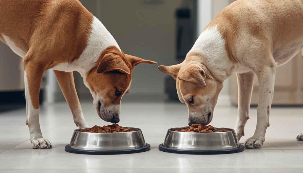 Two household dogs near separate food bowls demonstrating early signs of resource guarding.