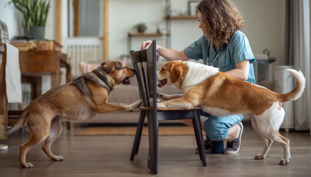 Dog owner safely separating two fighting dogs using a barrier instead of physical contact.