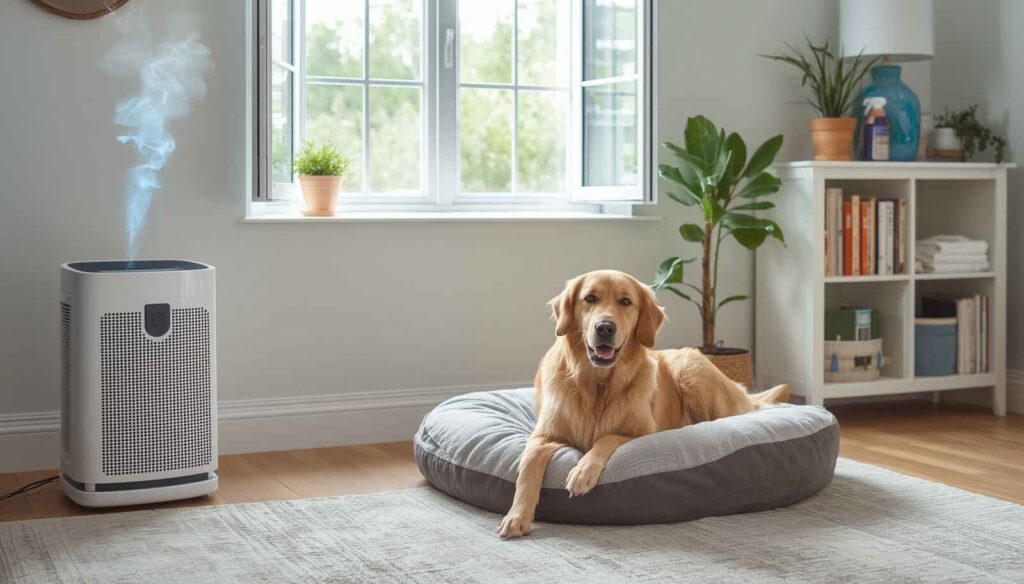 Dog-friendly home using a HEPA air purifier, clean bedding, and fresh airflow instead of incense.