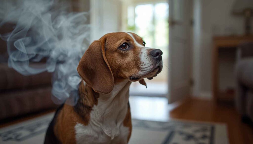 Dog showing mild signs of incense smoke irritation with watery eyes and wanting fresh air.