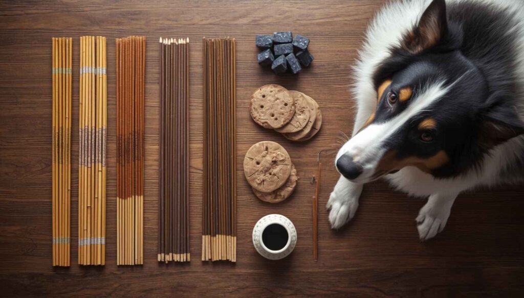 Different types of incense including bamboo sticks, herbal incense, resin incense, and charcoal displayed safely around a dog.