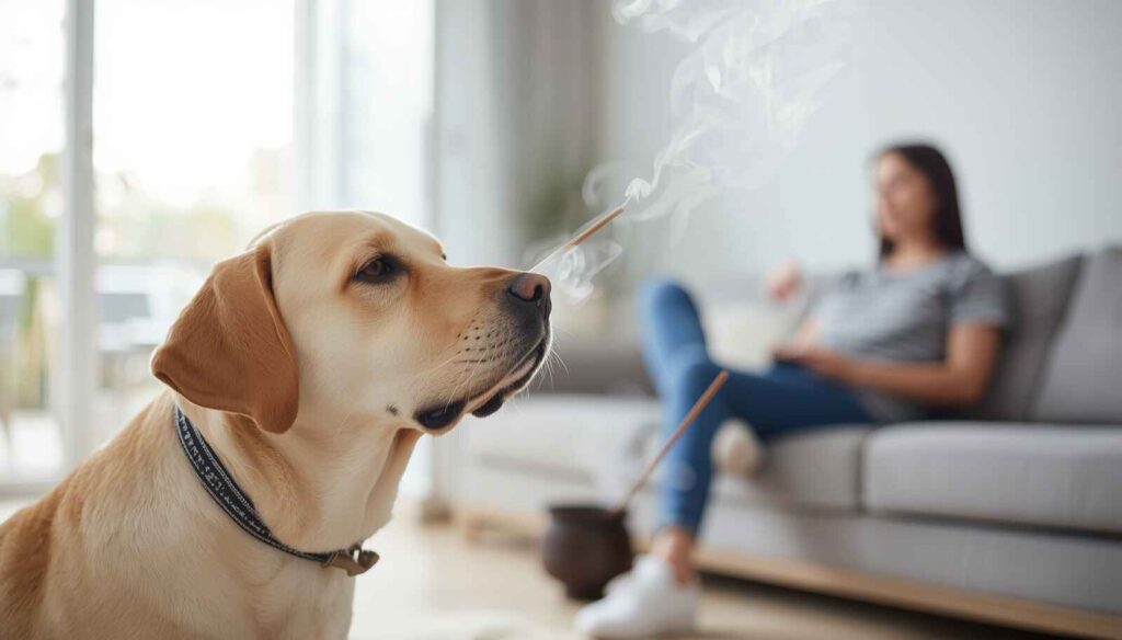 Dog reacting to incense smoke because dogs have a stronger sense of smell than humans.