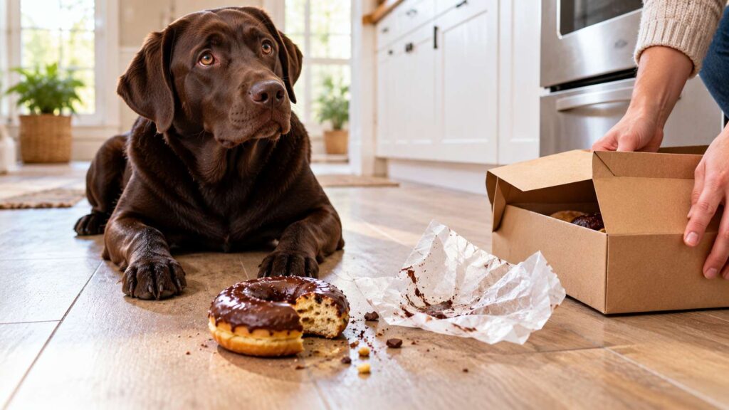Black Labrador sitting near a partially eaten chocolate donut and a crumpled paper wrapper.