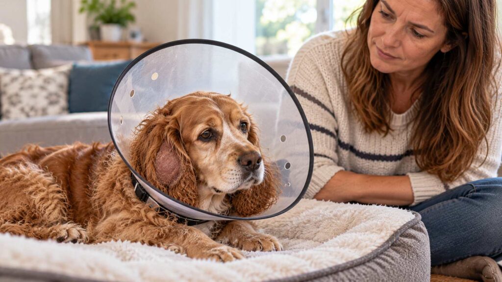 Cocker Spaniel wearing a protective collar while recovering comfortably at home after ear hematoma treatment.