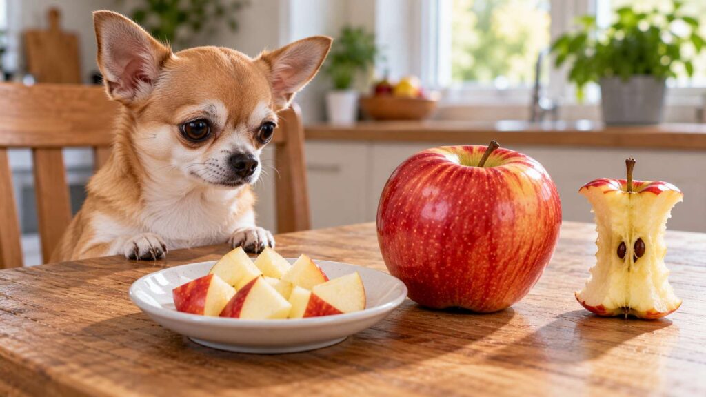 Can Dogs Eat Apples safely? A Chihuahua sits beside a whole apple, an apple core and small seedless apple pieces.