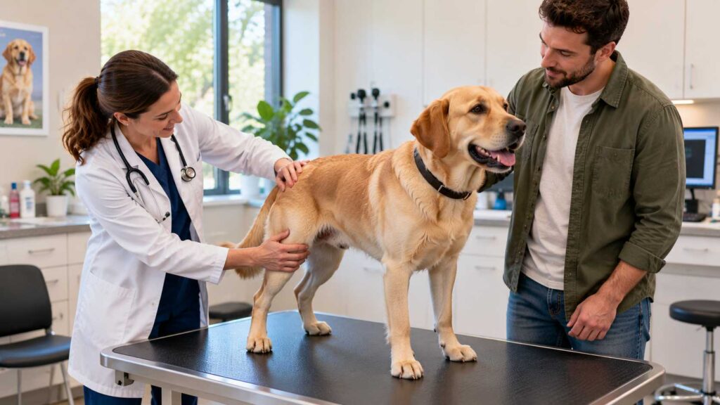 Veterinarian examining a Labrador Retriever's body condition during a routine health assessment.