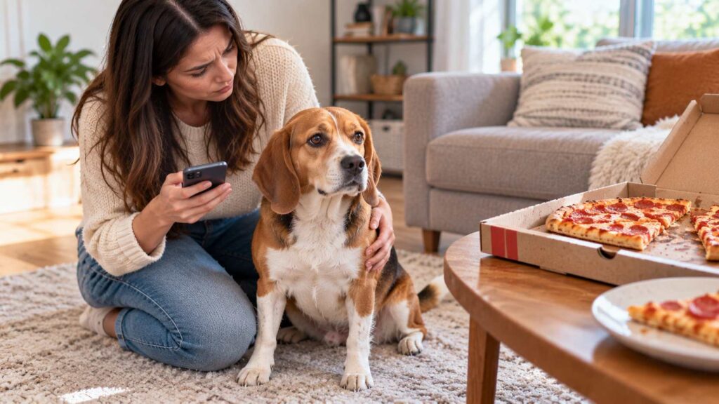 Dog owner checking a Beagle after discovering a partially eaten pizza in the living room.