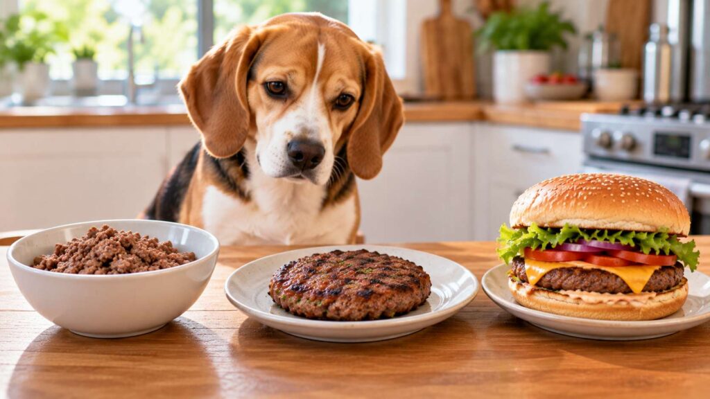 Plain cooked ground beef, seasoned burger patty, and complete cheeseburger displayed side by side.
