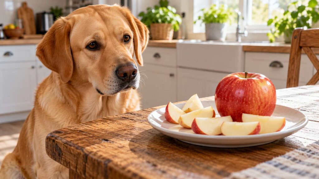 Golden Labrador sitting beside a plate of fresh, seedless apple slices in a bright kitchen.