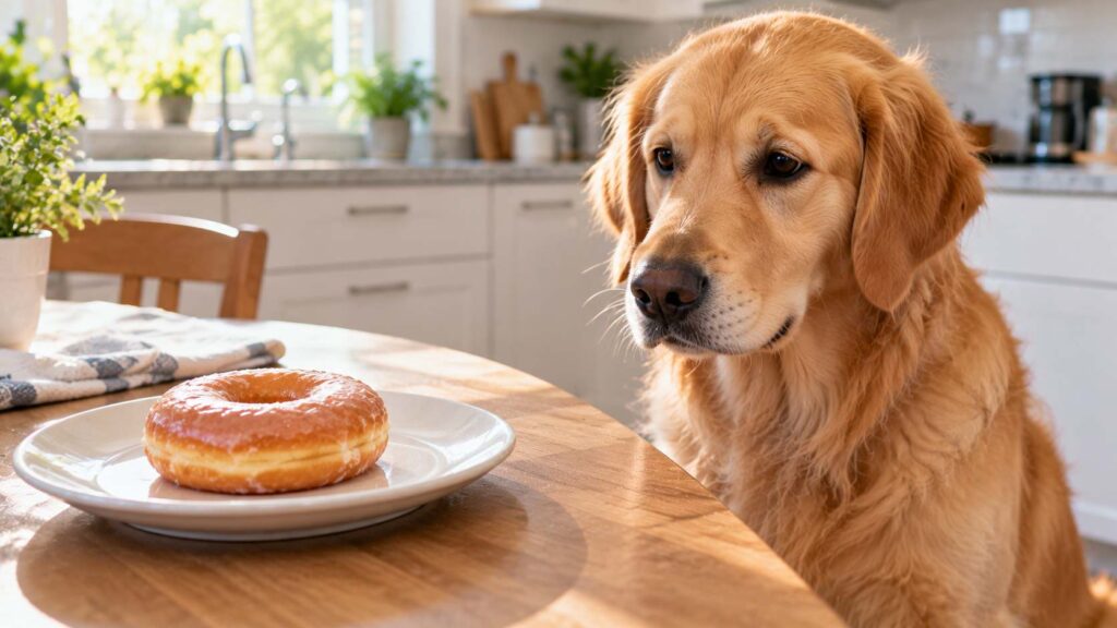 Golden Retriever looking at a glazed donut on a kitchen table.