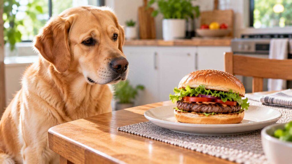 Golden Labrador Retriever looking at a hamburger on a kitchen dining table.