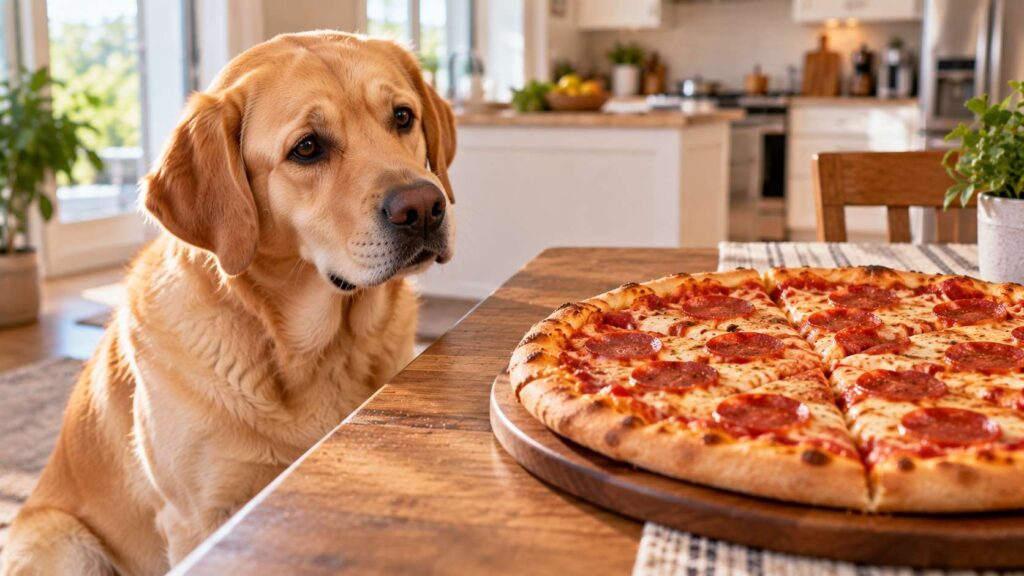 Golden Labrador Retriever looking at a cheese and pepperoni pizza on a kitchen table.