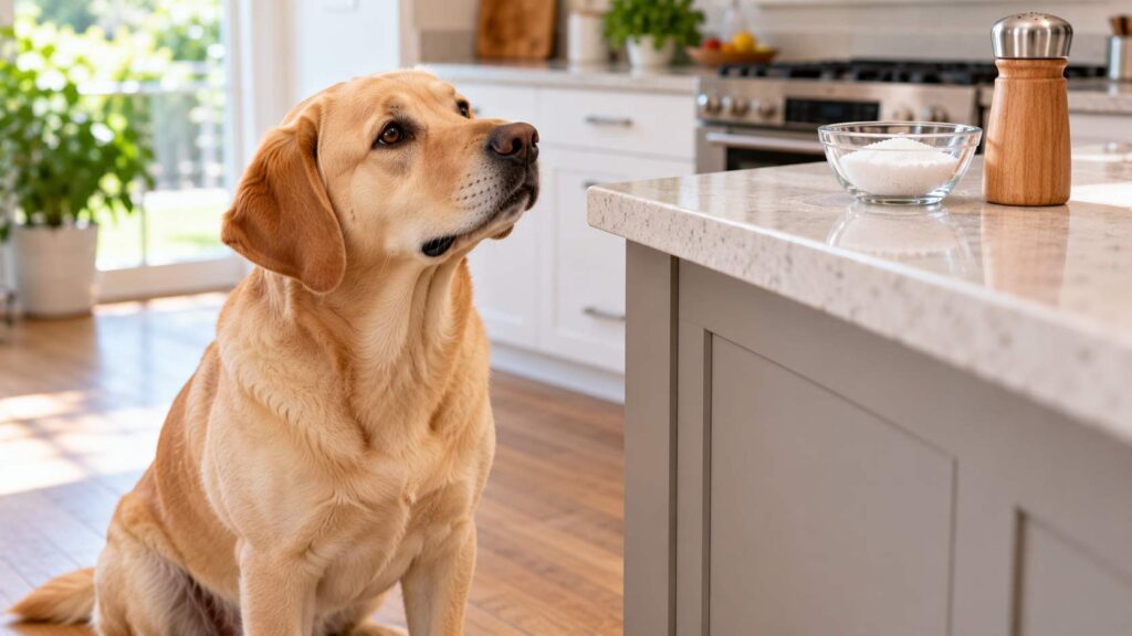 Golden Labrador sitting beside a kitchen counter with a bowl of table salt and a salt shaker.