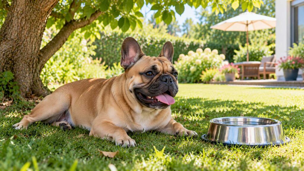 French Bulldog resting in a shaded garden beside a bowl of fresh water on a warm day.