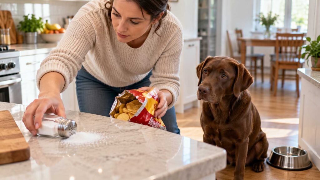 Dog owner moving a spilled salt shaker and salty snacks away from a curious Labrador in the kitchen.