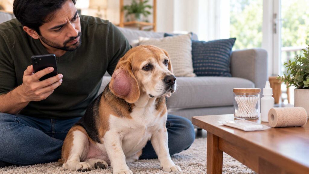 Owner seeking veterinary advice for a Beagle with a swollen ear while avoiding unsafe home treatment products.