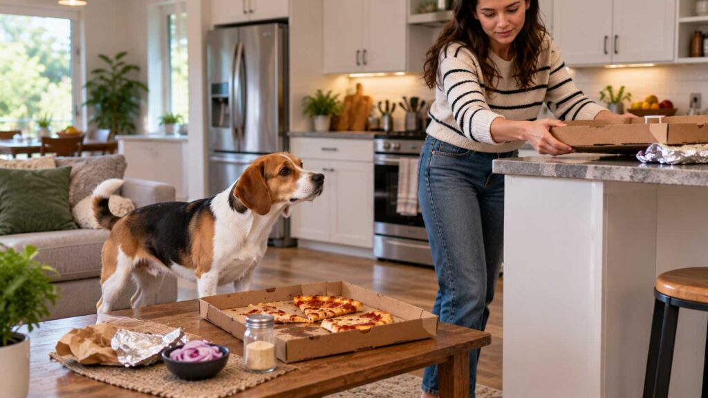 Dog owner moving an open pizza box and discarded packaging away from a curious Beagle.