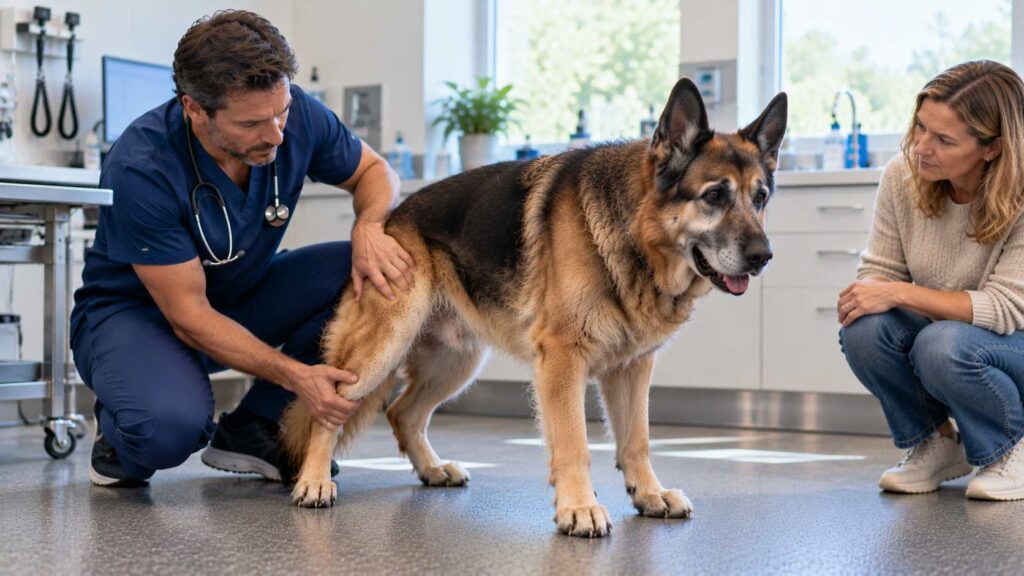 Veterinarian examining the hind legs and posture of a senior German Shepherd in a veterinary clinic.