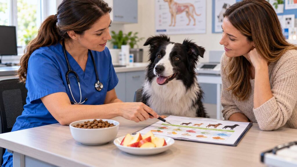 Veterinarian discussing a feeding plan with a Border Collie's owner beside dog food and prepared apple slices.