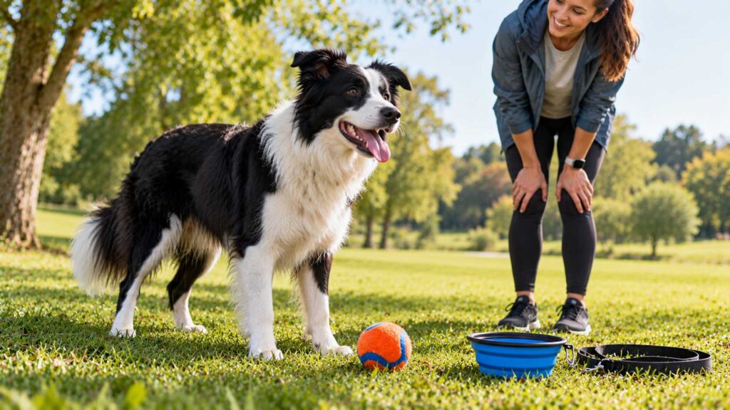 Border Collie taking a break beside a dog ball while its owner supervises outdoor play.