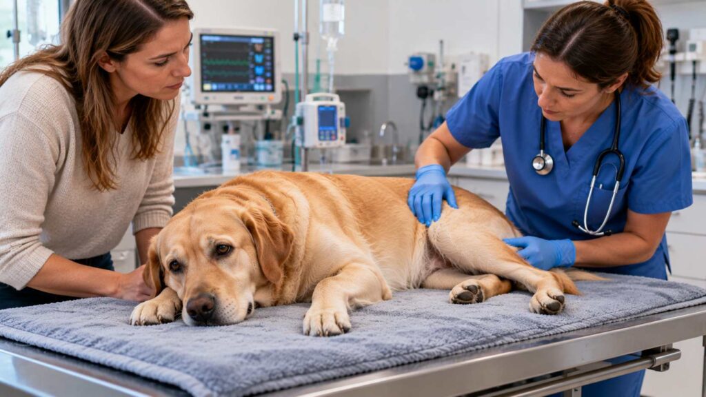 Veterinarian examining a Labrador Retriever with sudden hind leg weakness at an emergency veterinary clinic.