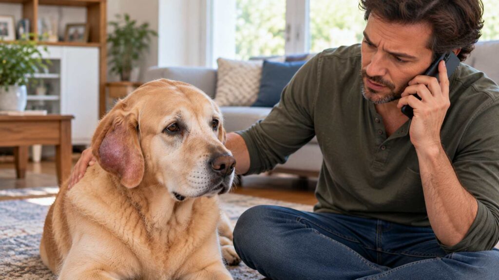 Owner calling a veterinarian while observing a Labrador Retriever with a swollen ear flap.