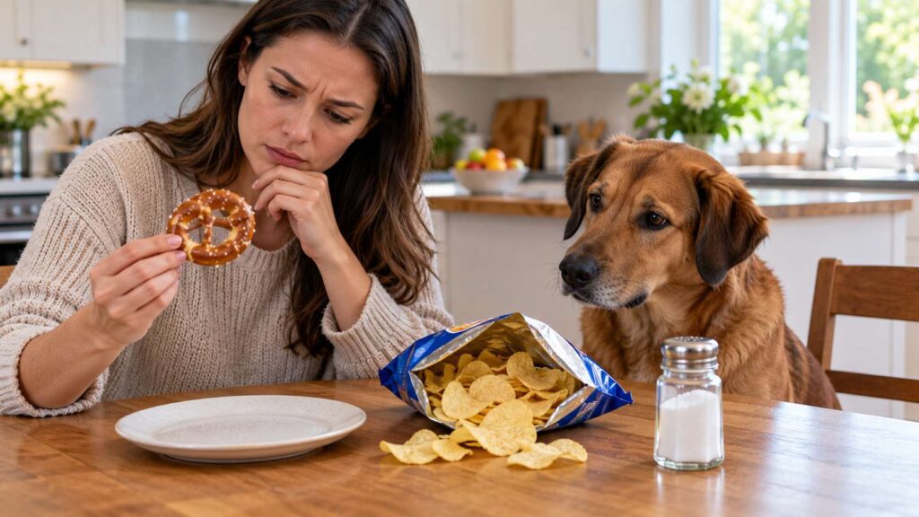 Dog owner checking salted pretzels, crisps and a container of table salt while a brown dog sits nearby.