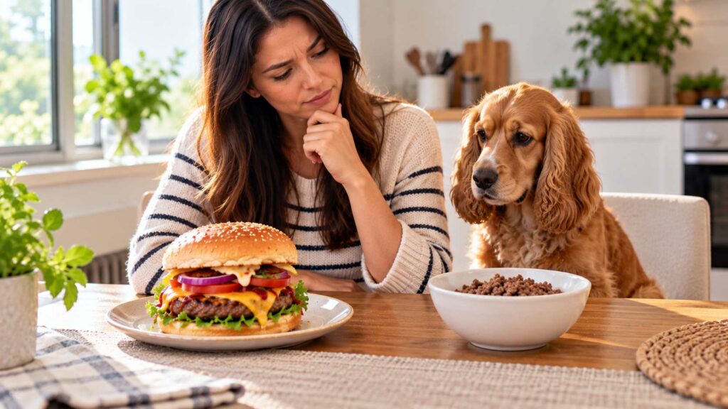 Dog owner comparing a fully assembled cheeseburger with a small bowl of plain cooked beef beside a Cocker Spaniel.