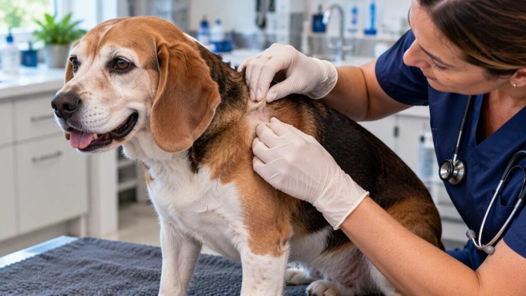Veterinarian gently inspecting the shoulder skin of a senior Beagle during a routine examination.