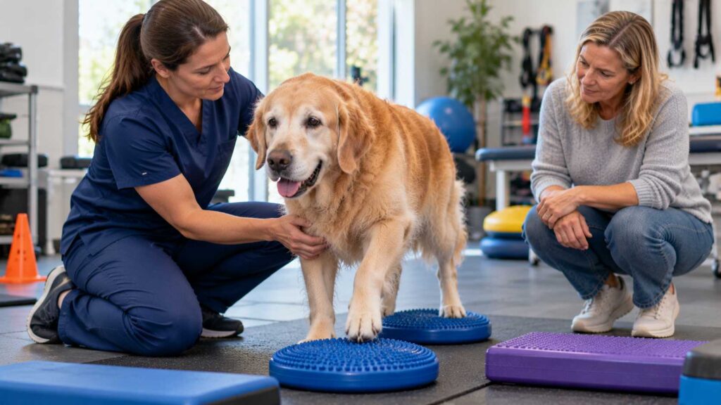 Senior Golden Retriever performing a gentle supervised rehabilitation exercise on a non-slip mat.