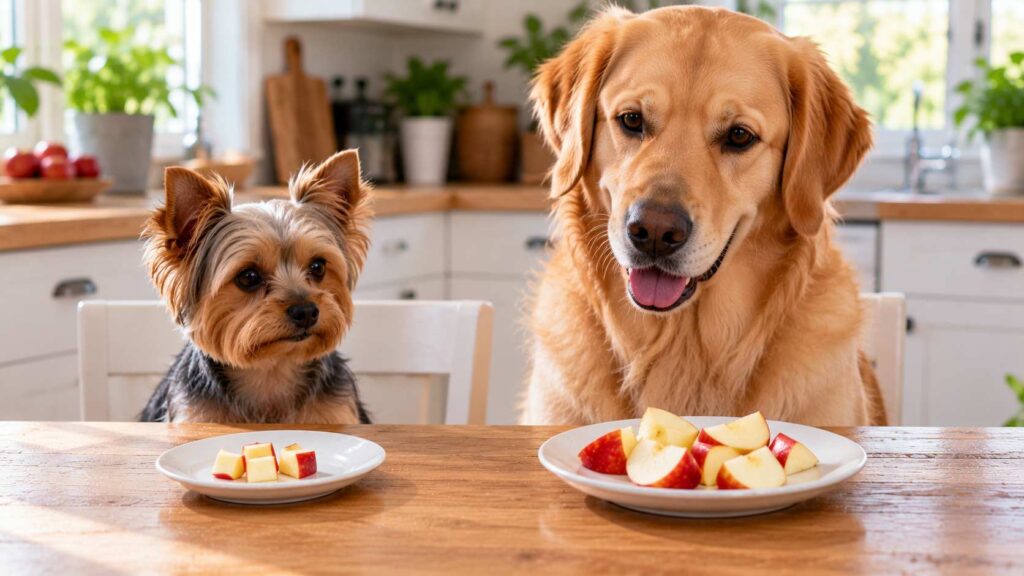 Yorkshire Terrier and Golden Retriever sitting behind separate plates containing different amounts of seedless apple pieces.