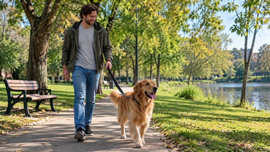 Golden Retriever enjoying a morning walk with its owner in a green park.