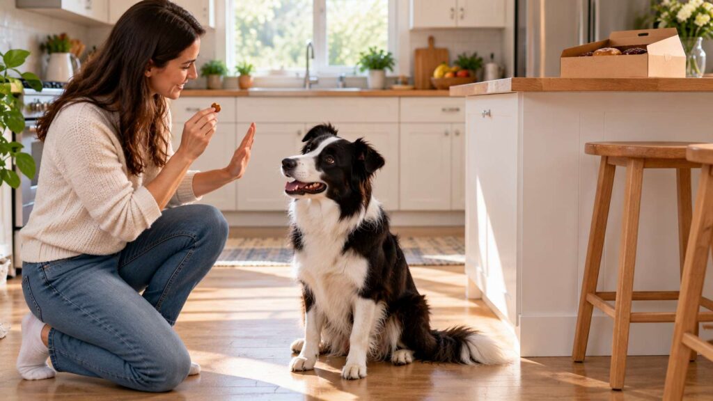 Owner rewarding a Border Collie during leave-it training with a bakery box safely stored on the counter.