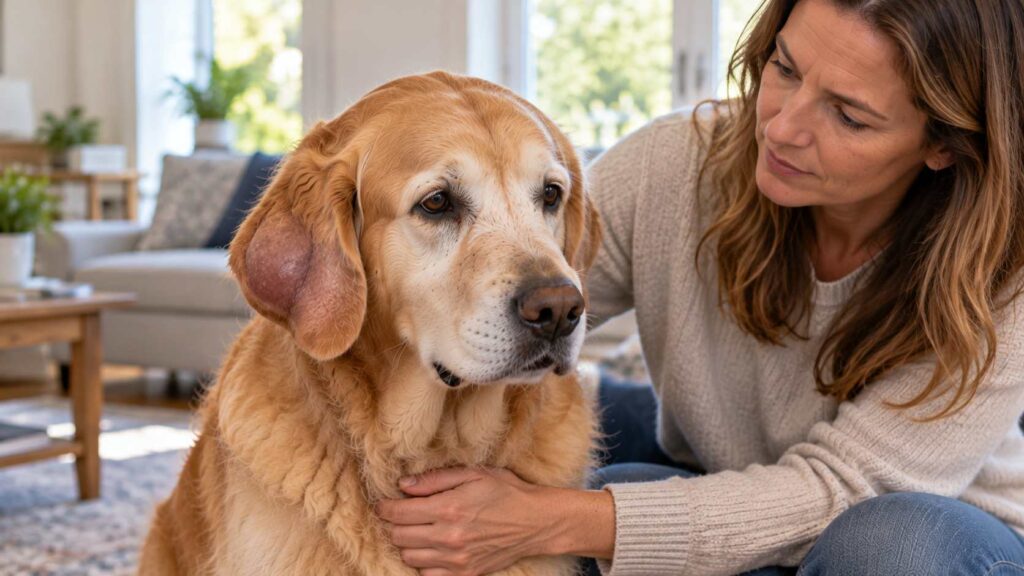 Golden Retriever with a swollen ear flap resting beside its concerned owner at home.