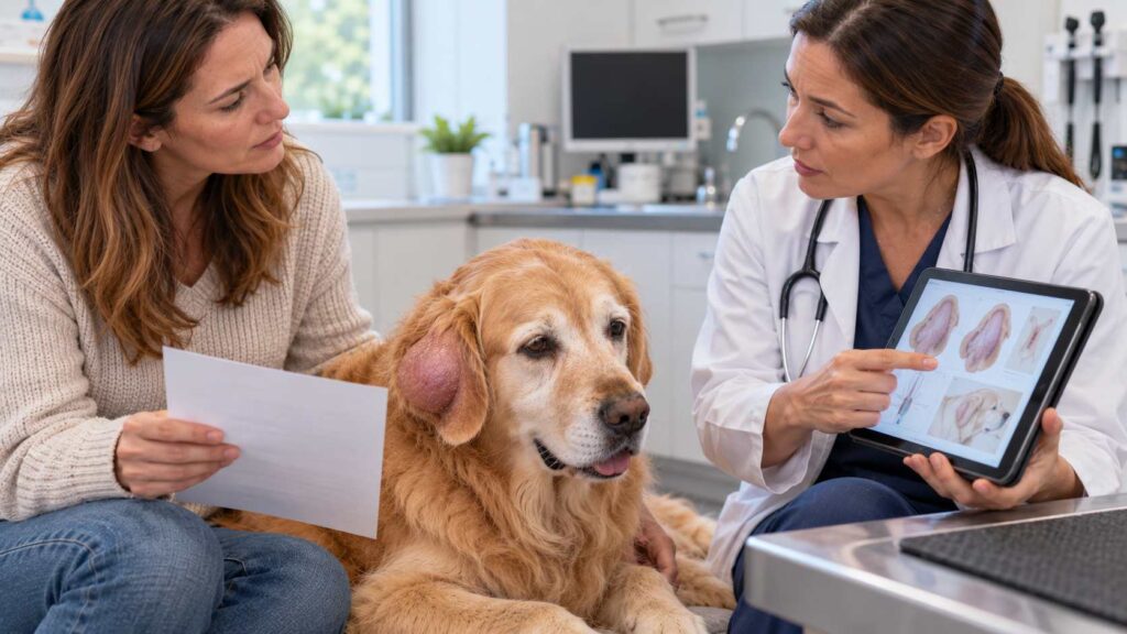 Veterinarian discussing ear hematoma treatment options with the owner of a senior Golden Retriever.