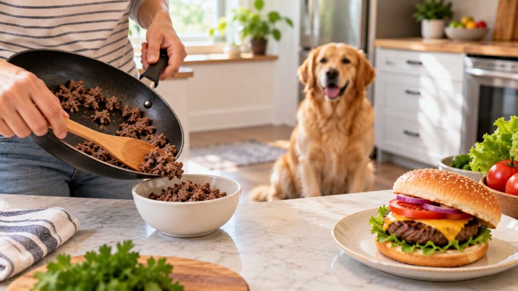 Dog owner preparing a small bowl of plain cooked lean beef while a Golden Retriever waits nearby.
