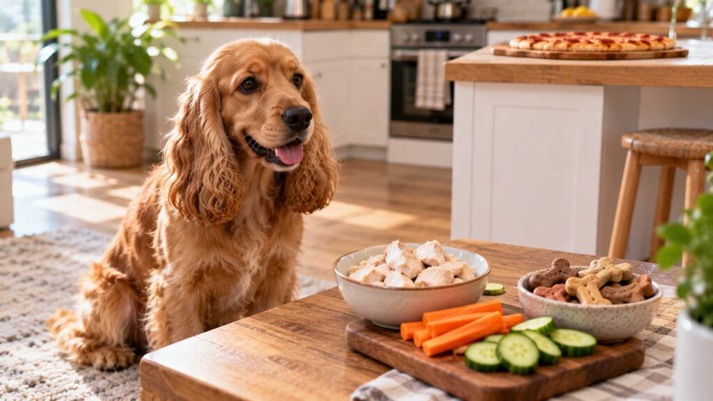 Happy Cocker Spaniel sitting beside a bowl of plain cooked chicken, carrots, cucumber and dog treats.