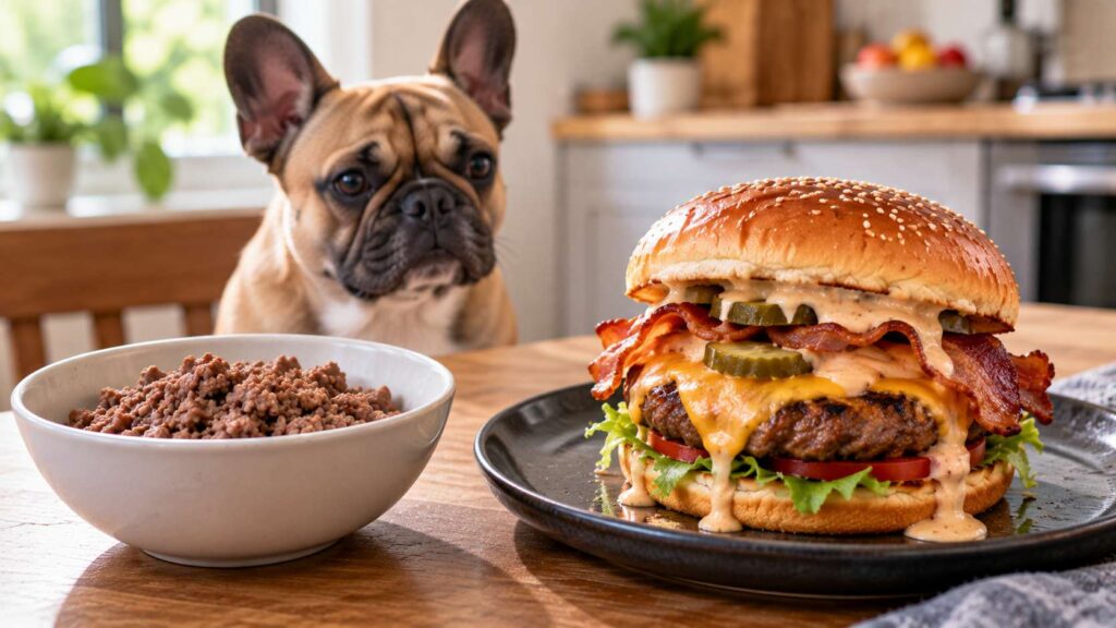 Fatty cheeseburger with bacon and creamy sauce beside a bowl of plain cooked lean beef.
