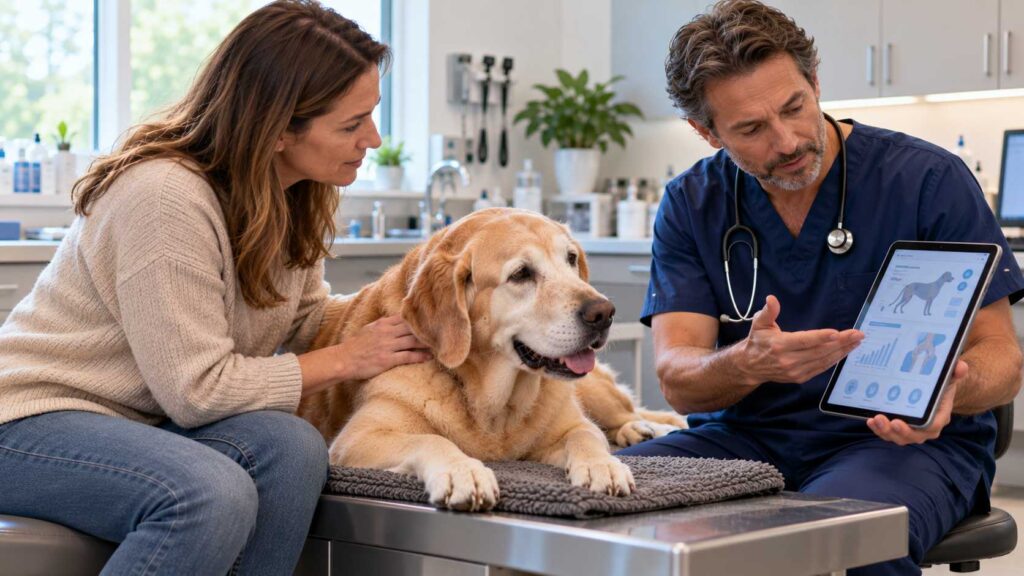 Dog owner discussing treatment options with a veterinarian while a senior Labrador rests on an examination mat.