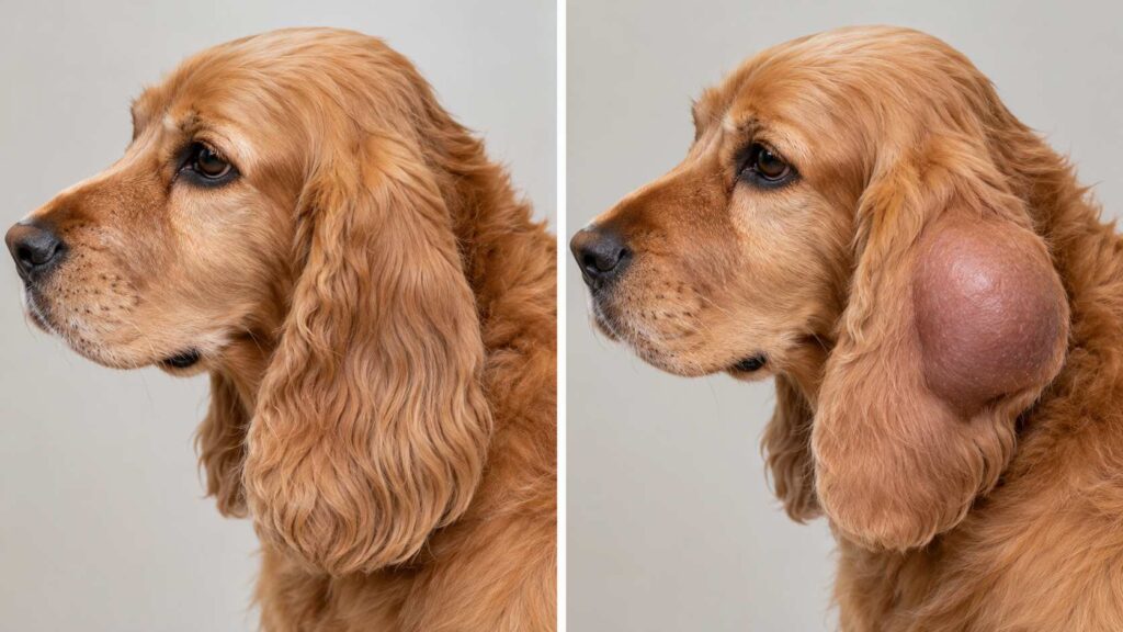 Side-by-side comparison showing a normal dog ear and a swollen ear to illustrate how to treat hematoma in dog's ear at home safely.