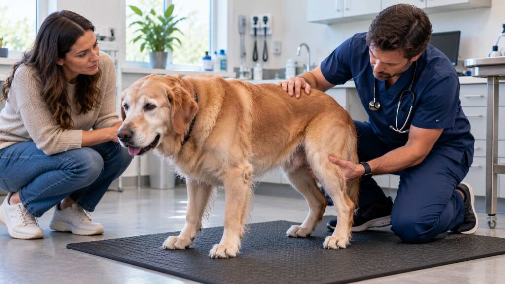 Senior Labrador Retriever having its hind legs examined by a veterinarian in a modern veterinary clinic.